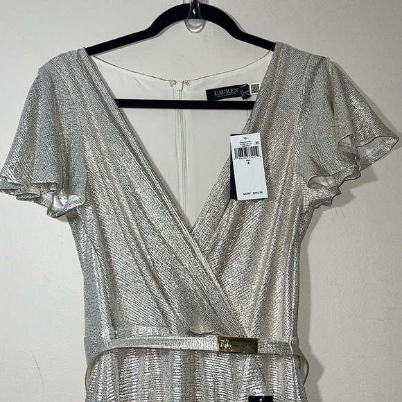 Ralph Lauren Belted Metallic Knit Flutter Sleeve Gown size 4 - Picture 9 of 11